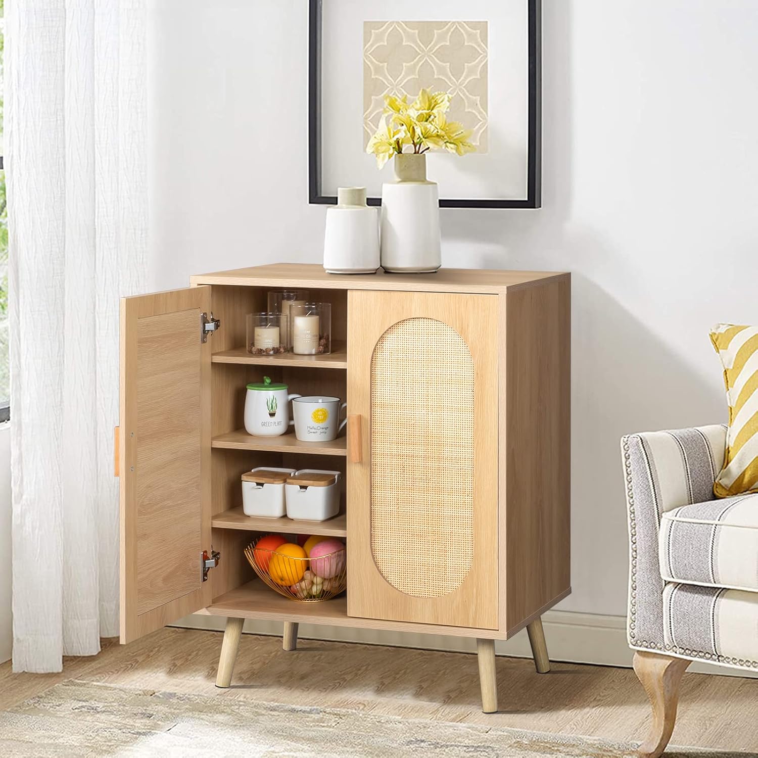 Rattan Shoe Cabinet for Entryway,4 Tier Shoe Storage Cabinet with Adjustable Shelf and Solid Wood Leg,Freestanding Shoe Rack Storage Organizer for Hallway