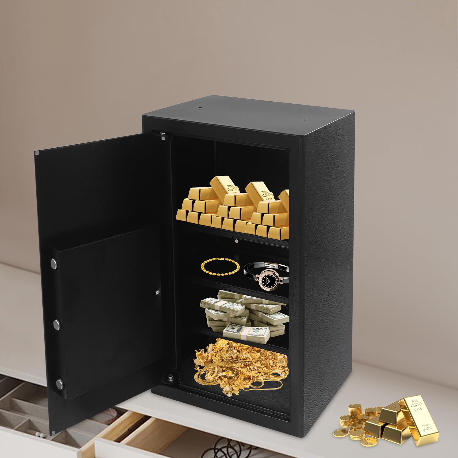 Caja fuerte de doble capa con combinación digital y 2 llaves de 4 pisos, caja fuerte electrónica para muebles de oficina en casa, 62,5 x 37 x 31 cm