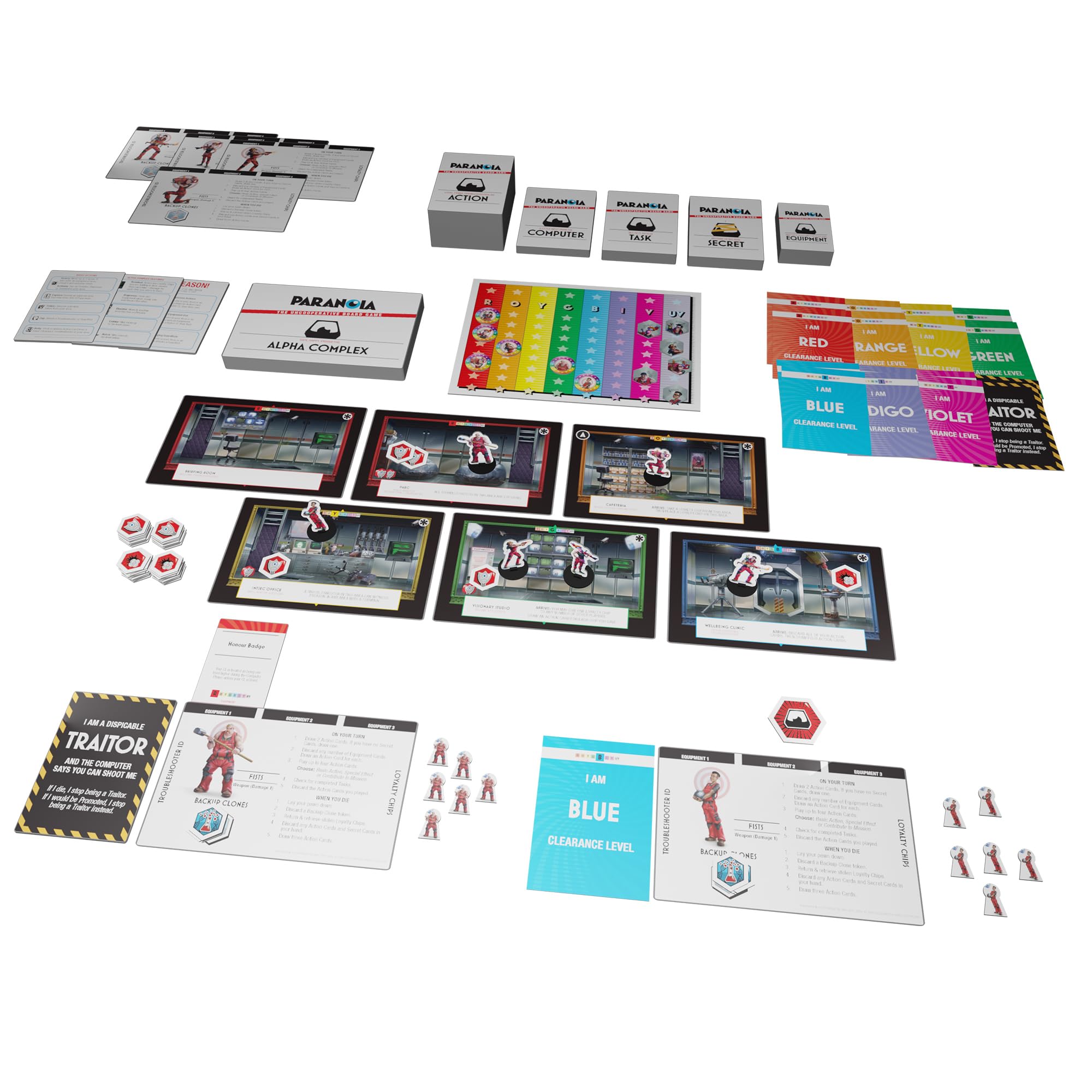 Paranoia: The Uncooperative - Tradimento strategico e sopravvivenza nel complesso alfa, ideale per serate di gioco con adulti, età 14+, 2-6 giocatori, 120 minuti di gioco, prodotto da Modiphius