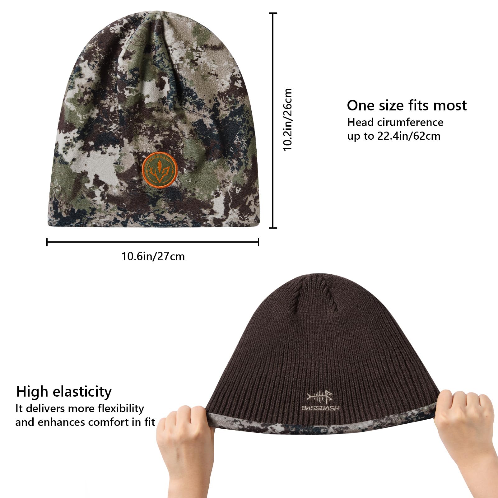 Bassdash Gorro de Invierno de Polar Resistente al Viento y Reversible, Caliente y Grueso, Ajuste Elástico para Hombres y Mujeres, Sombrero de Pescador Unisex con Borde Ajustable