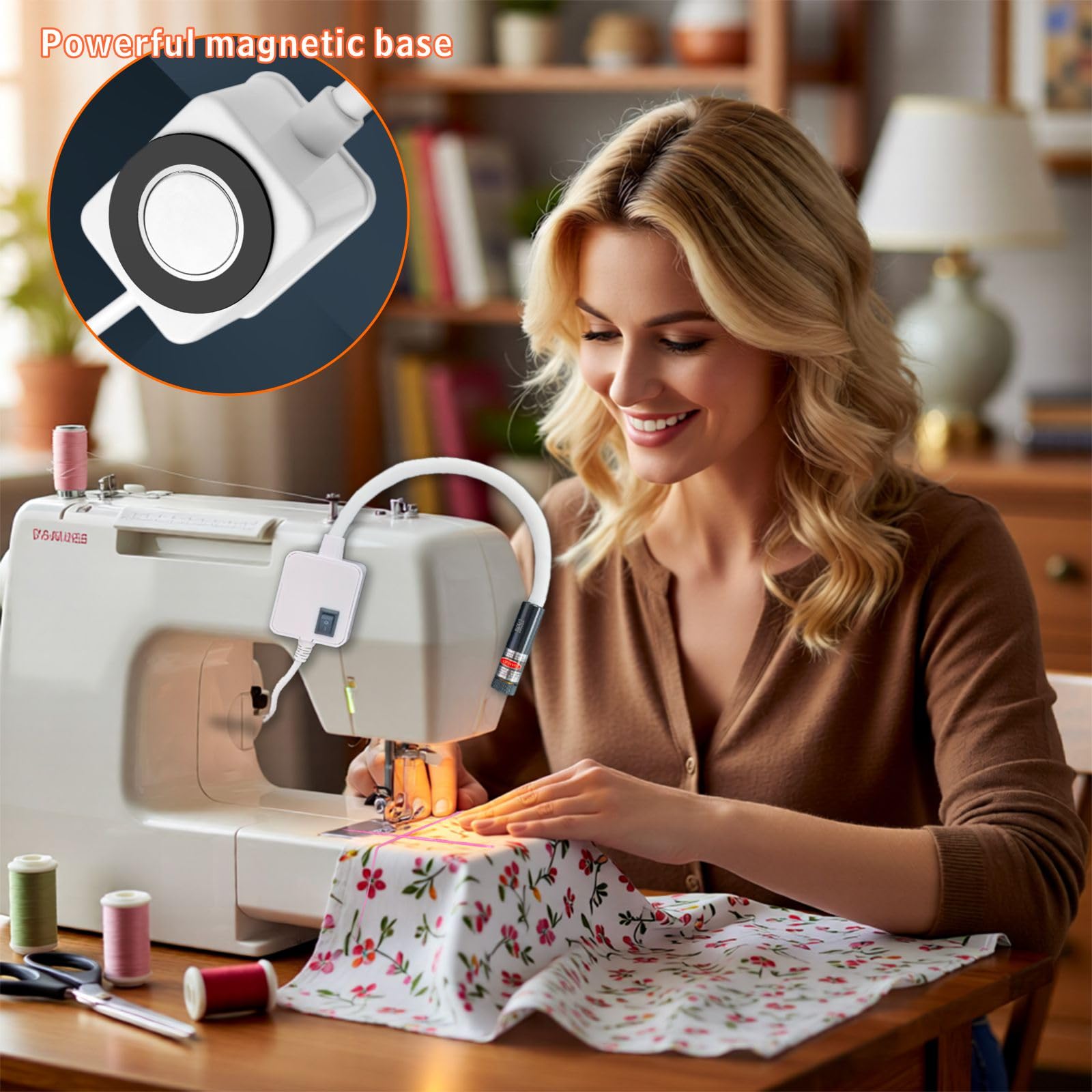Luce magnetica per macchina da cucire, guida laser rossa per cuciture dritte, strumento di cucitura di precisione a mani libere con collo d'oca flessibile, alimentazione plug-in per una luminosità