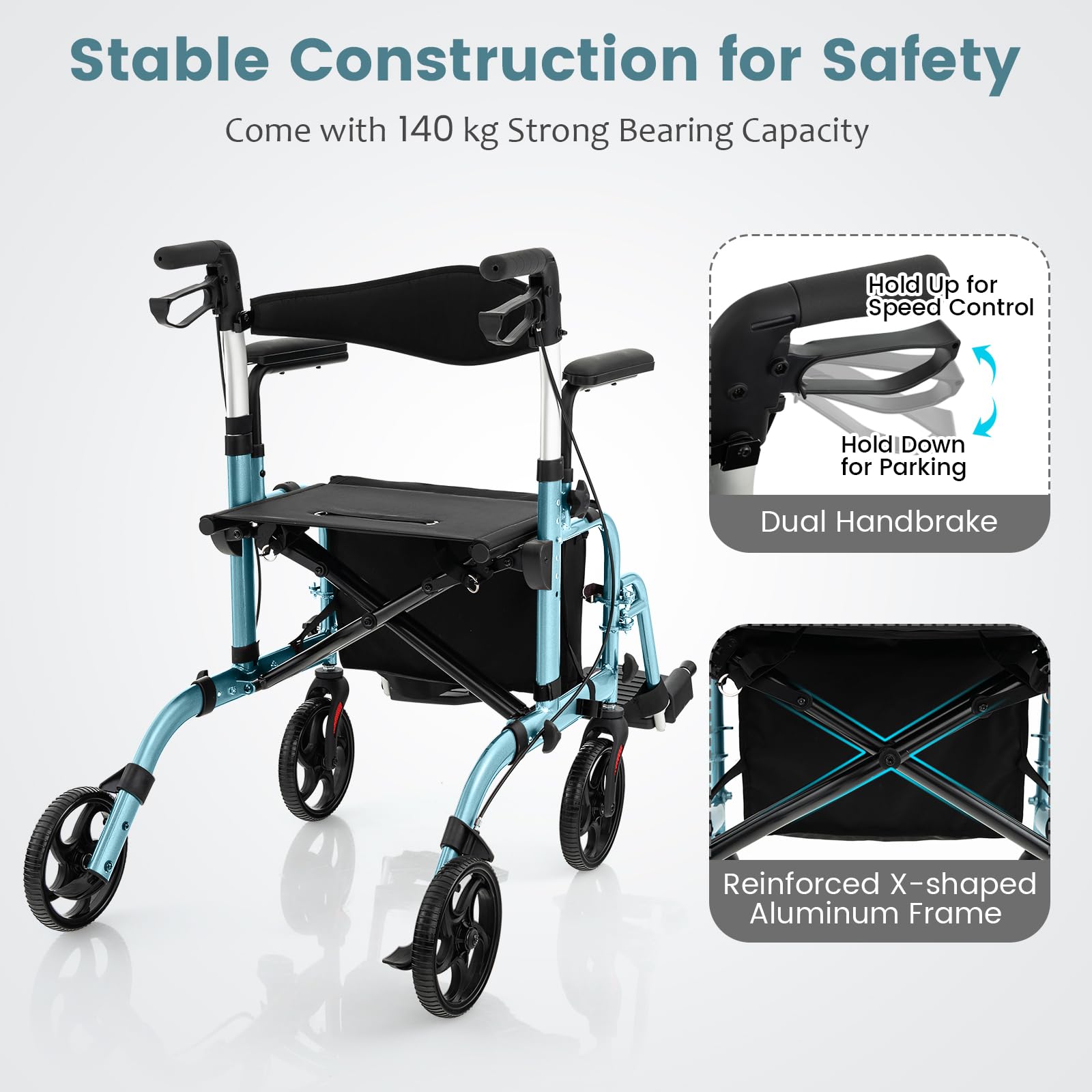 FANTASK Rollator faltbar & leicht, 2 in 1 Rollstuhl & Reiserollator mit Sitz, Gehhilfe mit Tasche & Doppelten Bremsen & Stockhalter, Gehwagen 6-fach Höhenverstellbar für Senioren (Blau)