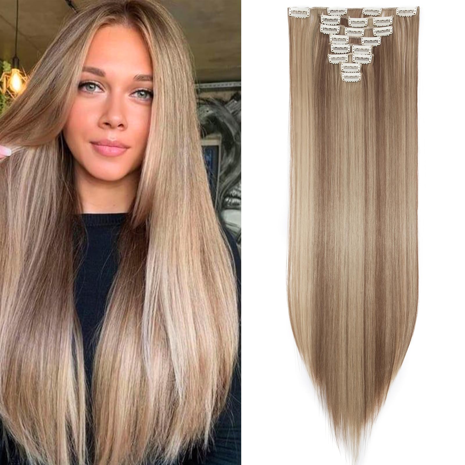 S-noilite 8pcs Clip In On Hair Extension 26" Full Head Long Straight Clip in Hair Extenisons with Highlights Synthetic Thick Hairpieces for Women