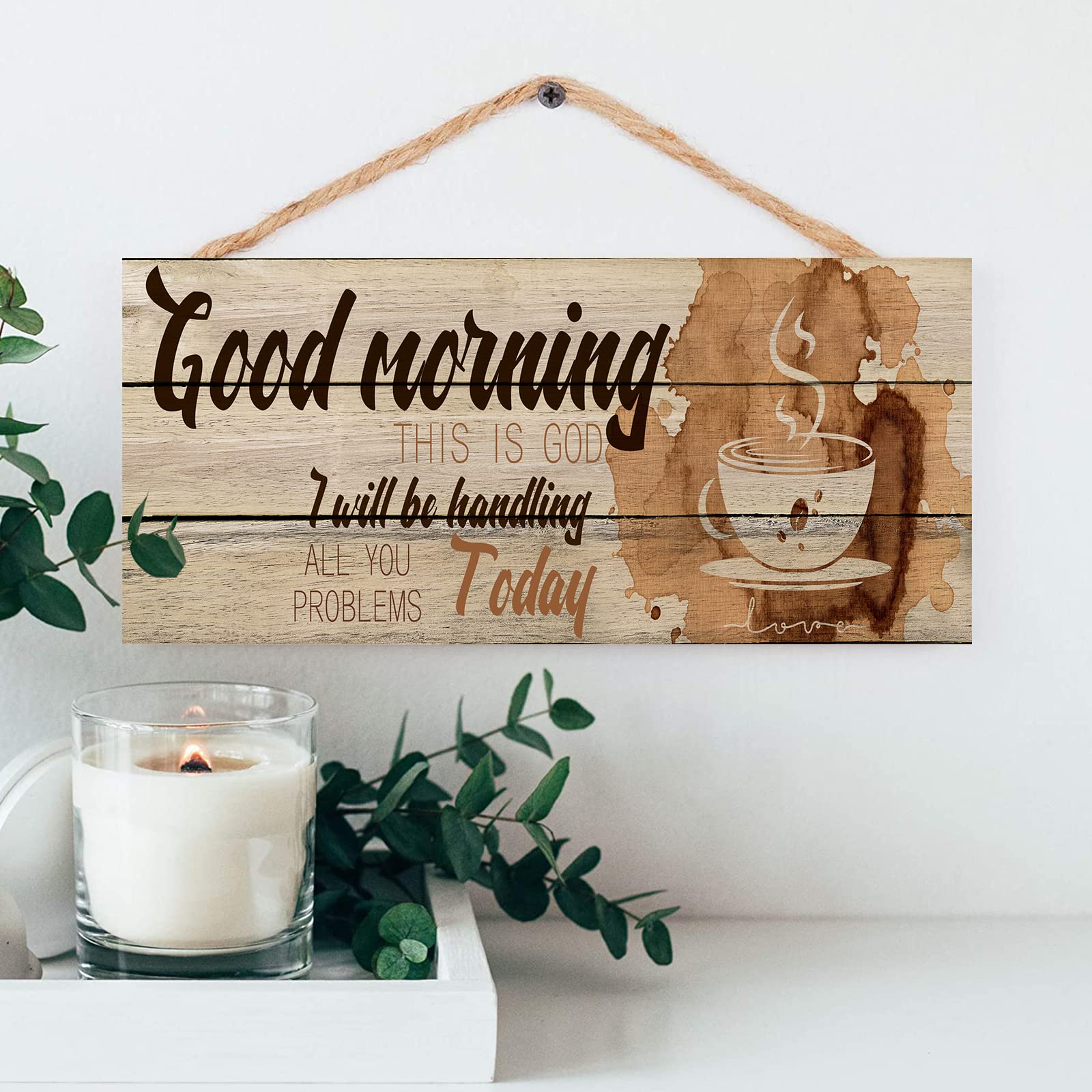 Wood Wall Decor Retro Kitchen Signs 3 Pieces All I Need Today is Coffee and Jesus Wood Plank Design Hanging Sign Good Morning This is God Watercolor Coffee Cup Wooden Wall Art Home Decor Easy to Hang - Image 3