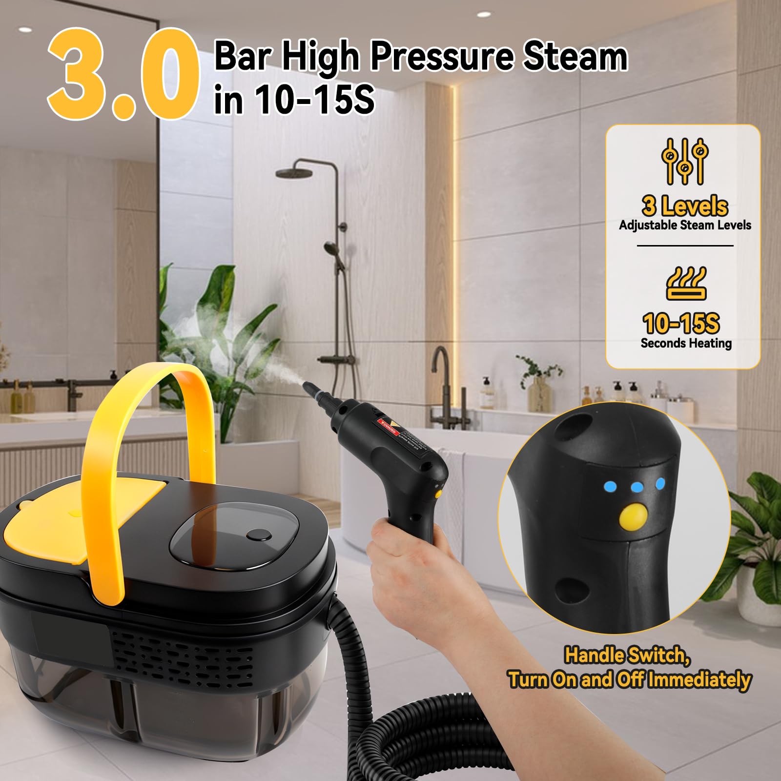 Pulitore a vapore portatile da 2500 W con serbatoio da 1600 ml e 3 livelli di temperatura Pulitore a vapore pressurizzato ad alta temperatura per auto, finestre, cucina, pavimenti e mobili (EU,1)