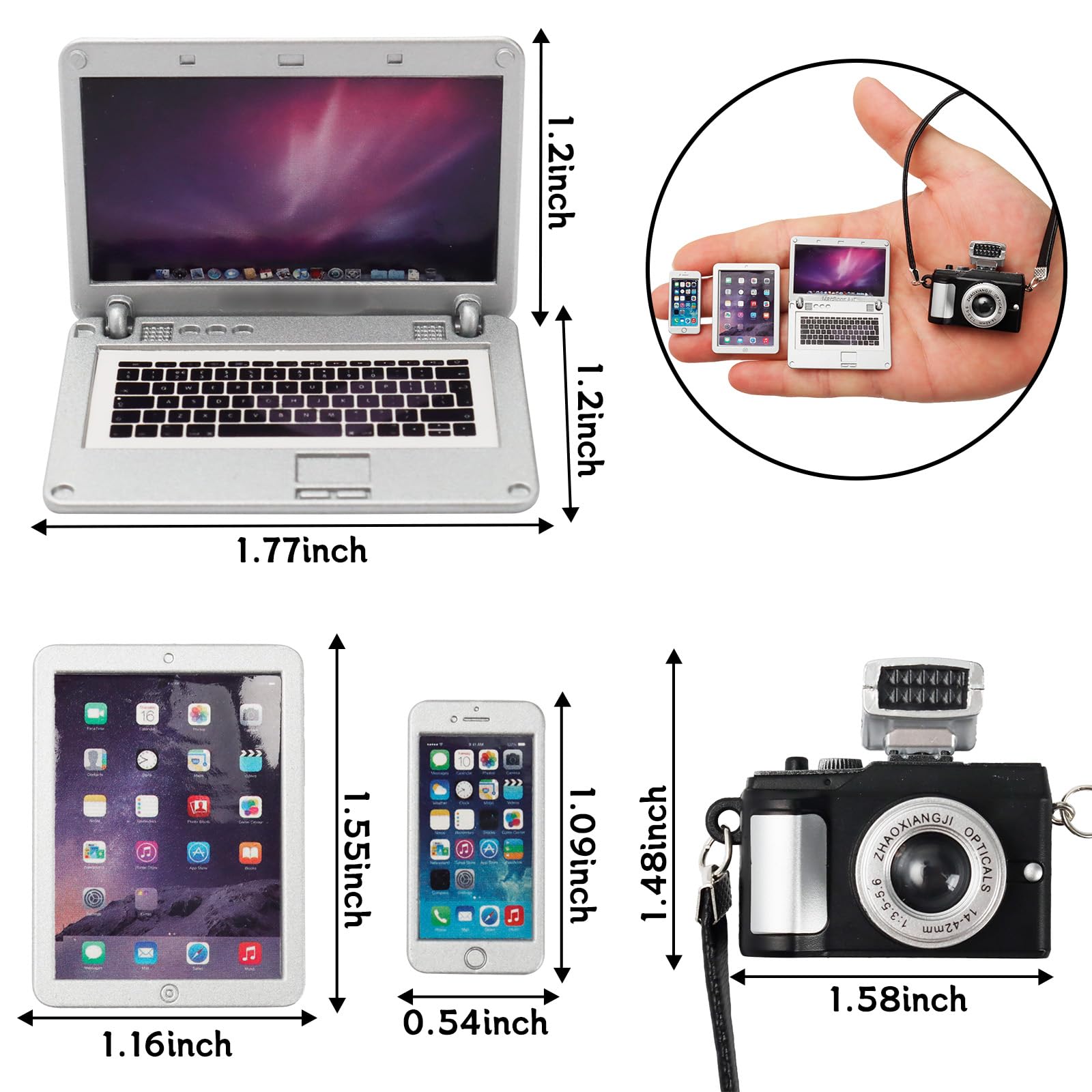 4 Pcs Miniature Laptop Computer Tablet Phone Camera Simulation Accessories Mini Laptop Computer Phone Camera Ornaments for 1/4 1/6 1/12 Scale Mini House Accessories