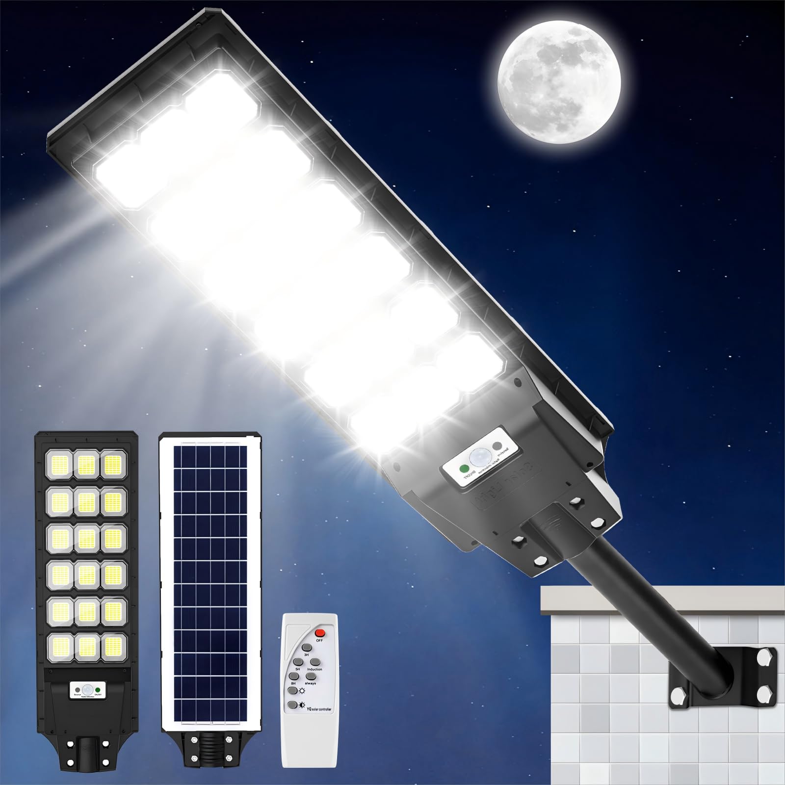 Viugreum Farolas Solares Exterior 600W, Farola Potente con Control Remoto, IP65 Impermeable Luz Solar Exterior, 576 LED 6500K Foco Solar Exterior Sensor de Movimiento, Luz de Seguridad Jardín Patio
