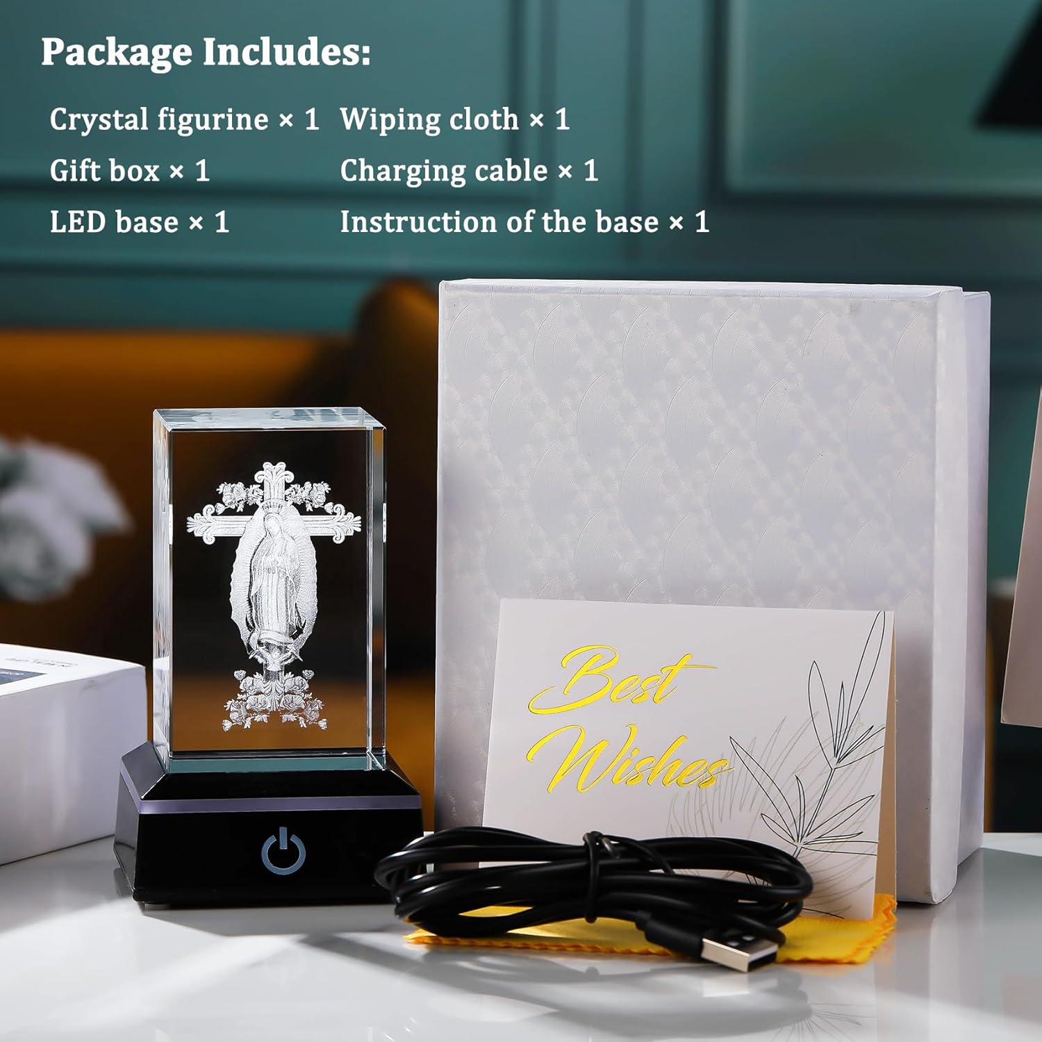 YWHL 3D Crystal Virgen De Guadalupe Statues with Cross, Our Lady of Guadalupe Figurine with Colorful Base Laser Engraved Christian Religious Gifts for Women Friends Family, Virgin Mary Home Decor - Image 6