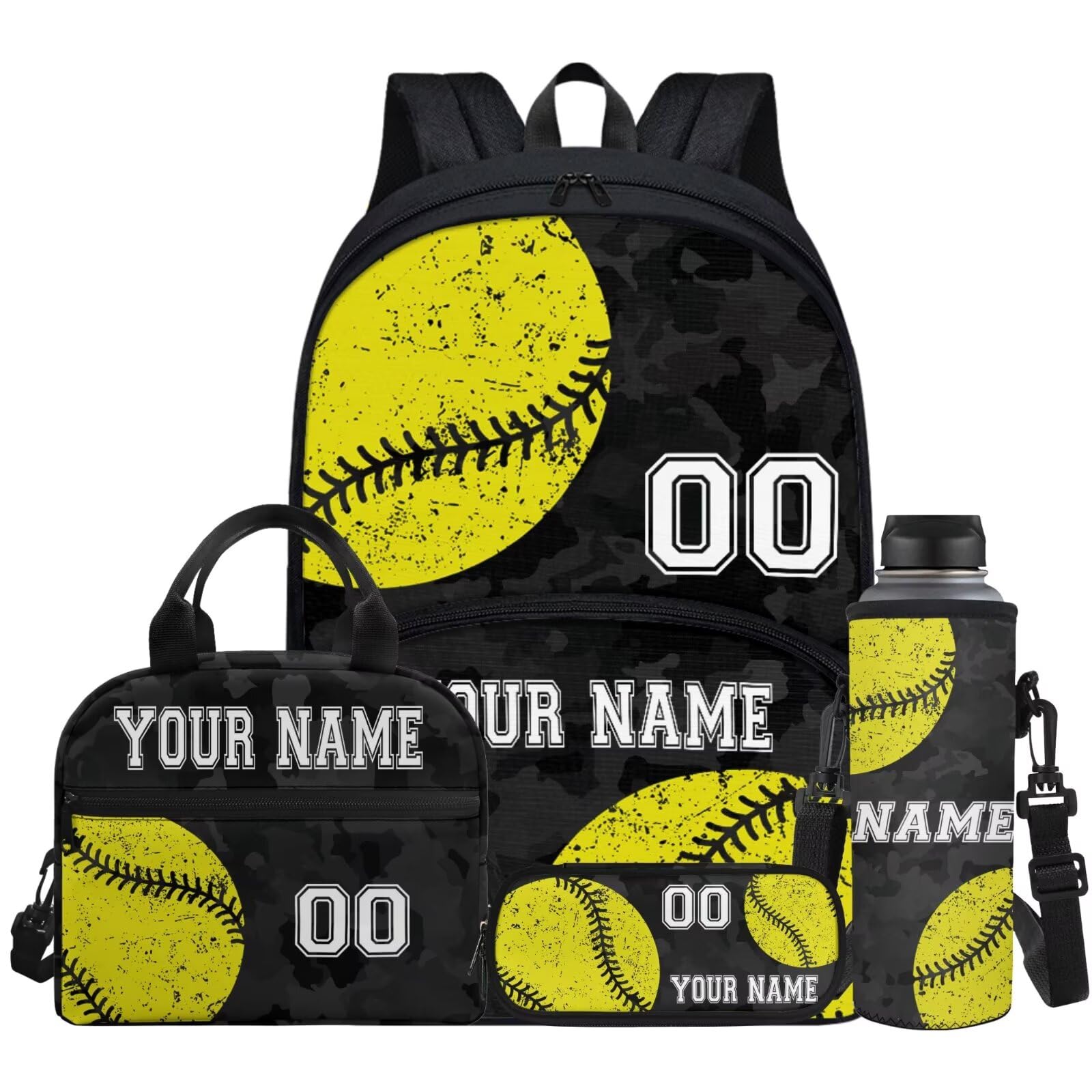 Ecaestolph Custom Kid's Boys Softball Ball Black Camo School Backpack Set of 4 Lunch Bag Bookbags Laptop Travel Schoolbag Water Bottle Pen Carrying