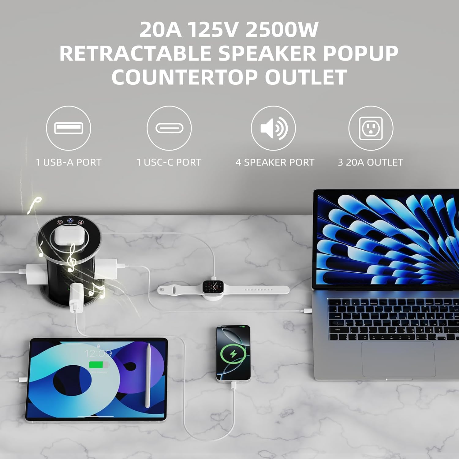German Technology Motorized Pop Up Outlet for Countertop 15W Wireless Charger, Countertop Electrical Outlet with 3AC Outlets & 2USB Ports(20W PD),APP Remote Control and Speaker,Free 4.92 inch Hole Saw