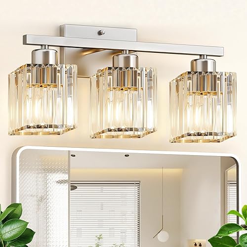 GOLSPARK 3 Light Crystal Bathroom Light Fixtures, Modern Brushed Nickel Vanity Lighting Fixtures, Vanity Light Over Mirror for Bathroom, E26 Socket Crystal Wall Light Square Shades (Bulbs Excluded)