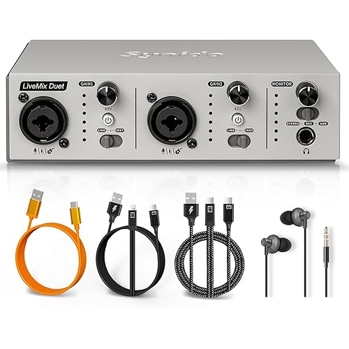Synido USB Audio Interface for PC, Music Production, High-Fidelity, Studio Quality 2 Channel XLR Audio Interface Computer Recording Dual Audio Interface for Recording, Streaming and Podcast, Gray