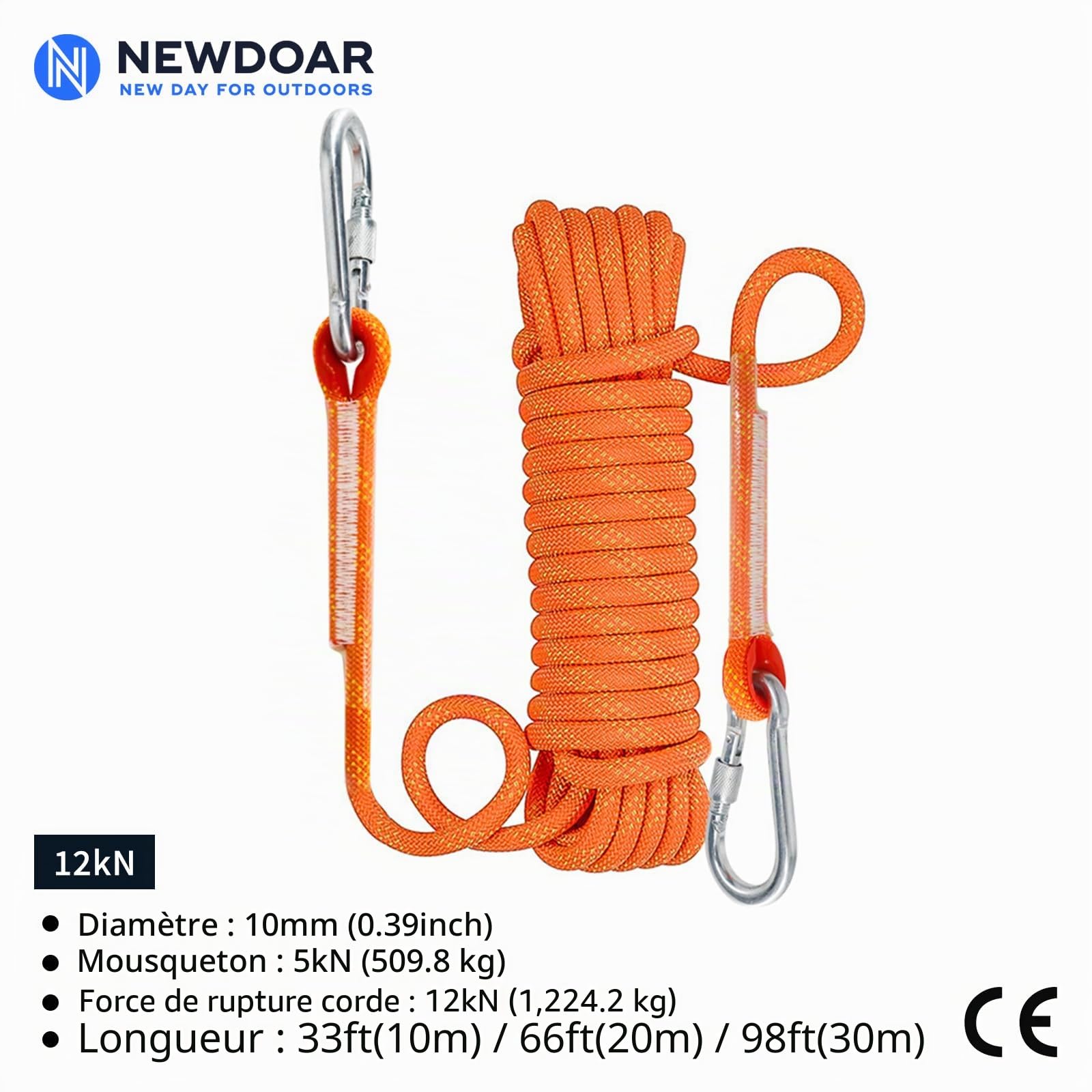 NewDoar 12KN Corde Flottante Marine 10mm Corde d'amarrage 10M/20M/30M Corde d'amarrage pour la Navigation, Le mouillage, Le Camping, la pêche et l'auvent de Tente avec 2 crochets-Orange/20M
