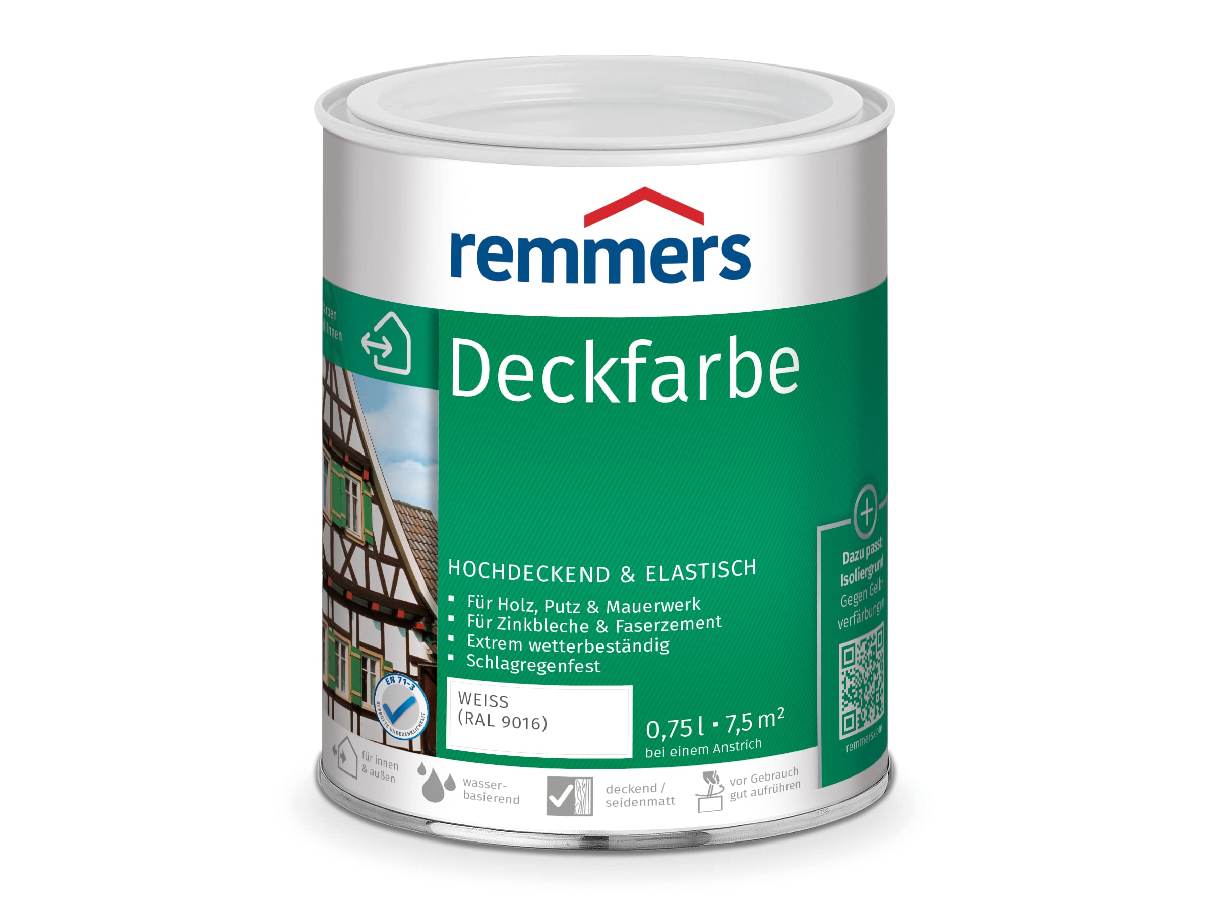 Remmers Deckfarbe weiß (RAL 9016), 0,75 Liter, Deckfarbe für innen und außen, Wetterschutzfarbe viele Untergründe, hochdeckend, wetterfest