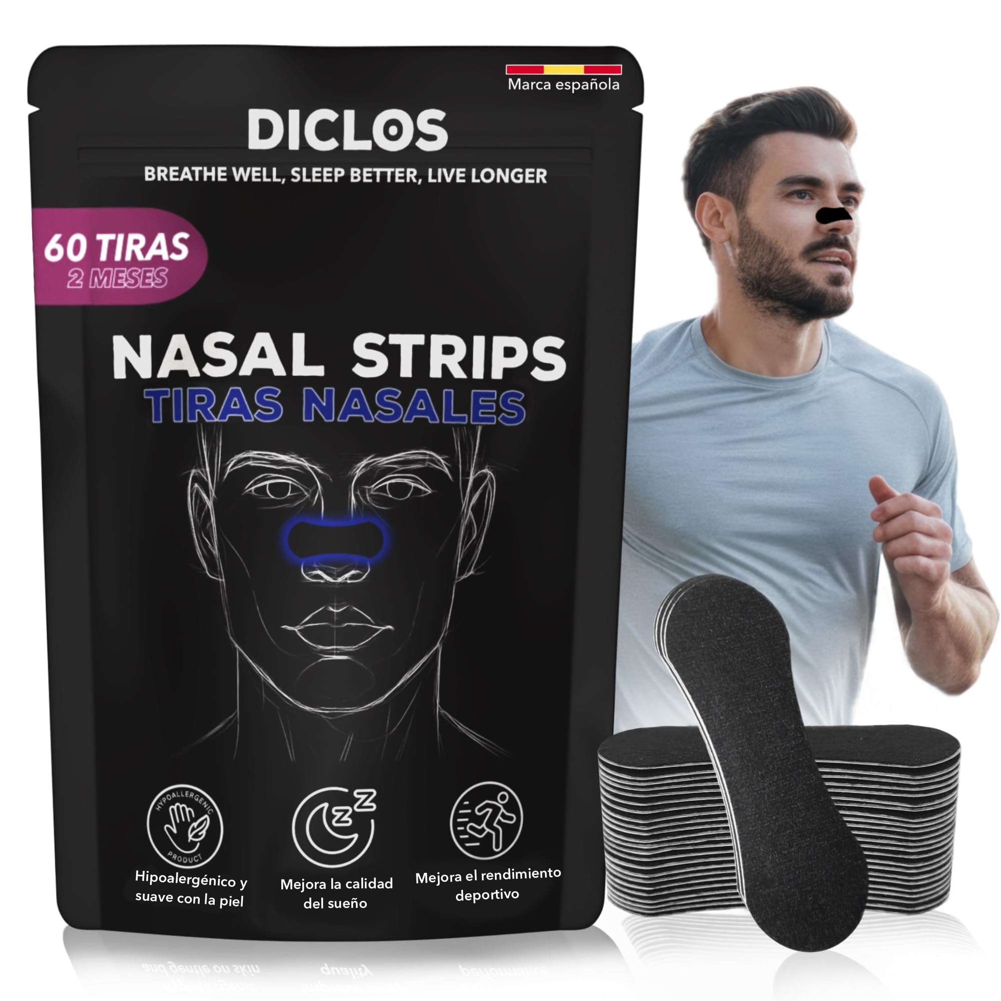 PACK 60 TIRAS NASALES Deportivas. Nasal Strips. Tiras Nasales Antirronquidos para Dormir .Nose Strips. Respirar Mejor por la Nariz. Nasal Strips. Tiritas Nariz Respirar. No mas Ronquidos.