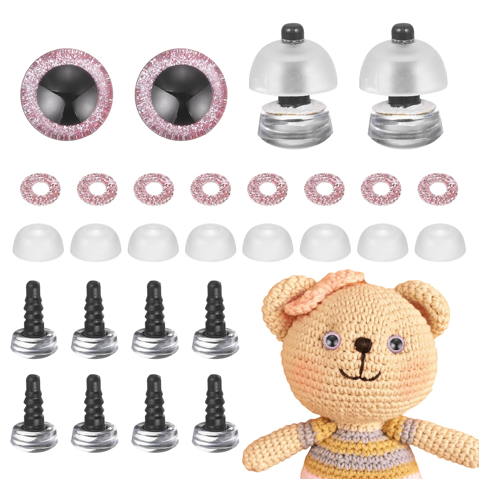 sourcing map 12 Pcs Glitter Safety Eyes, 9mm Plastic 3D Crochet Doll Eyes with Washers and Drawstring Bag for Puppet Bear DIY Crafts Stuffed Animals Making Supplies, Pink