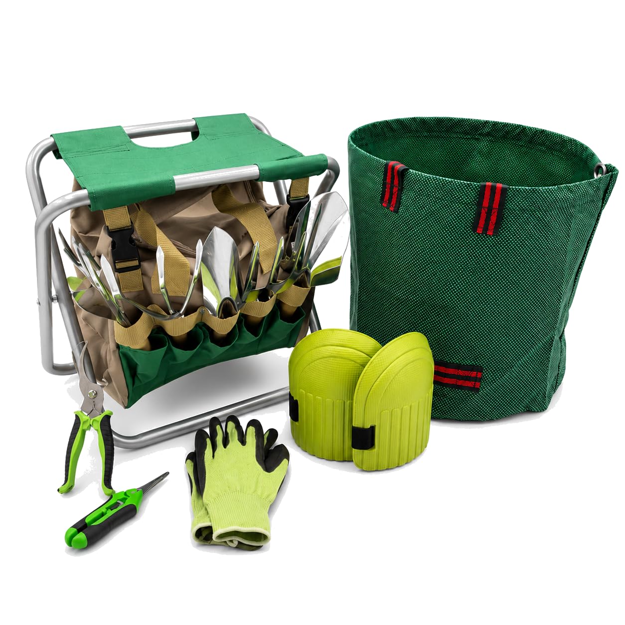 Kit Jardinería Ergonómico Verdorin - Taburete Plegable + 12 Herramientas Acero Inoxidable + Bolsa + Guantes + Rodilleras - Jardinería sin Dolor en la espalda ni en las Rodillas