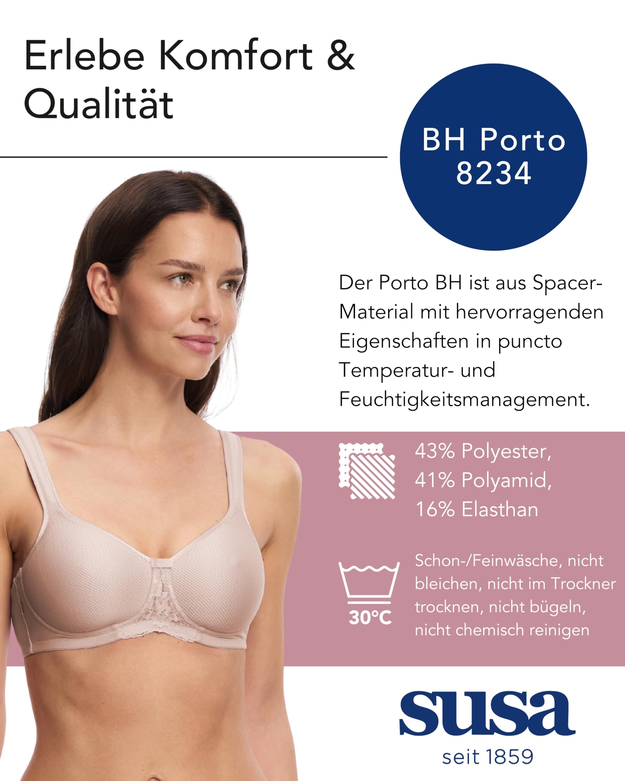 Susa Damen BH Damen Ohne Bügel Porto I Damen-BHS mit Vorgeformten Spacer Cups aus luftdurchlässigem Jacquard Material I Verstellbarer Komforträger, optimale Passform