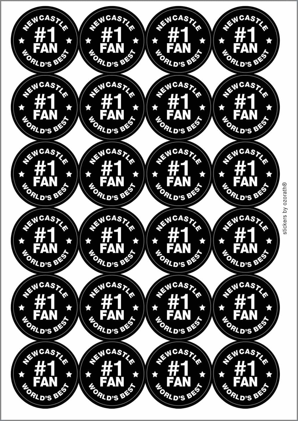 Newcastle #1 Fan Circular Matt Paper Stickers A4 Sheet of 24 (Each Sticker is 45mm Diameter)