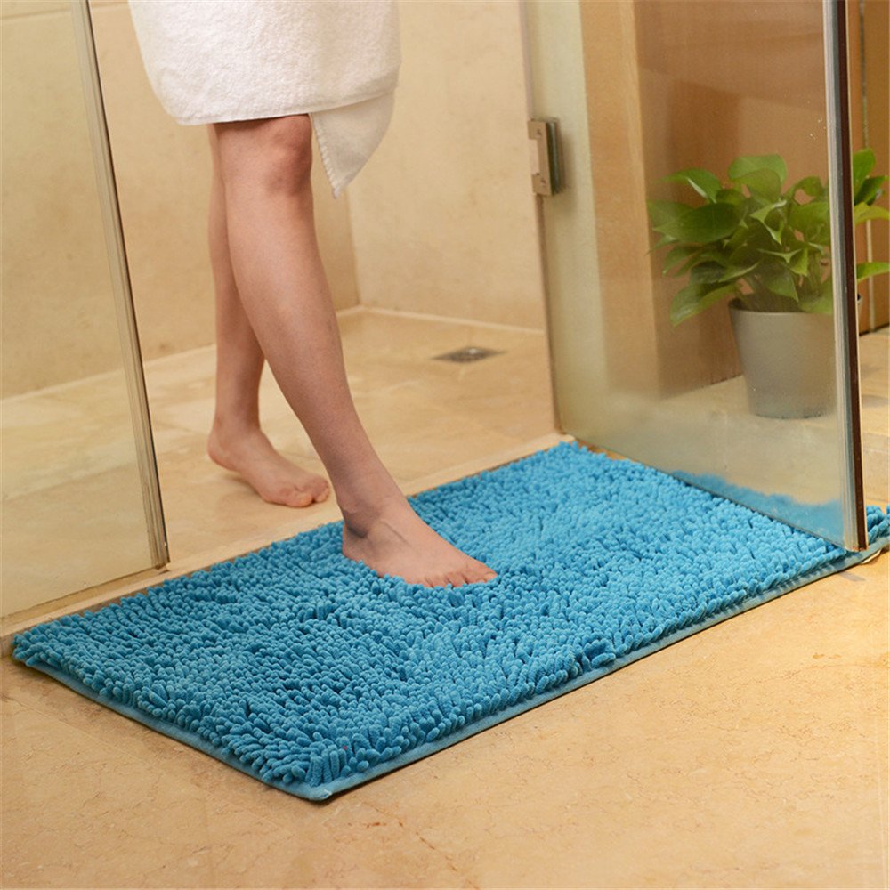 Non-slip Chenille Bath Mat, Happy Shop No.1 Bath Mats Rugs Absorbent Mat Chenille Microfiber Easy to Clean Bathroom Soft Shower Rug (50x80 cm,Lake blue)