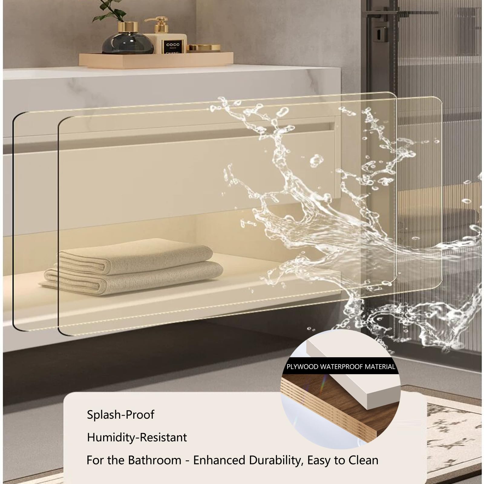 Mobile da bagno moderno da 91,4 cm con lavabo singolo, completamente assemblato, unità bianca Smart LED Defog specchio da parete design galleggiante piano di lavoro in pietra sinterizzata cassetti con