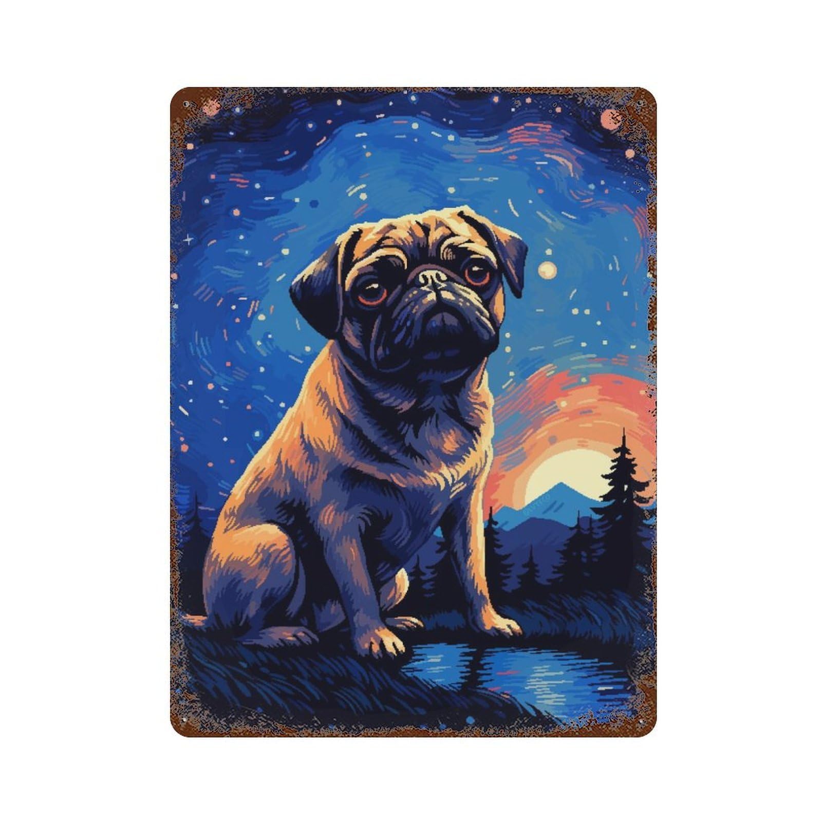 Pug Magical Pixel Art Retro Metal Sign 15.7"x11.8", Vintage Wall Decor for Garage, Pub Or Kitchen