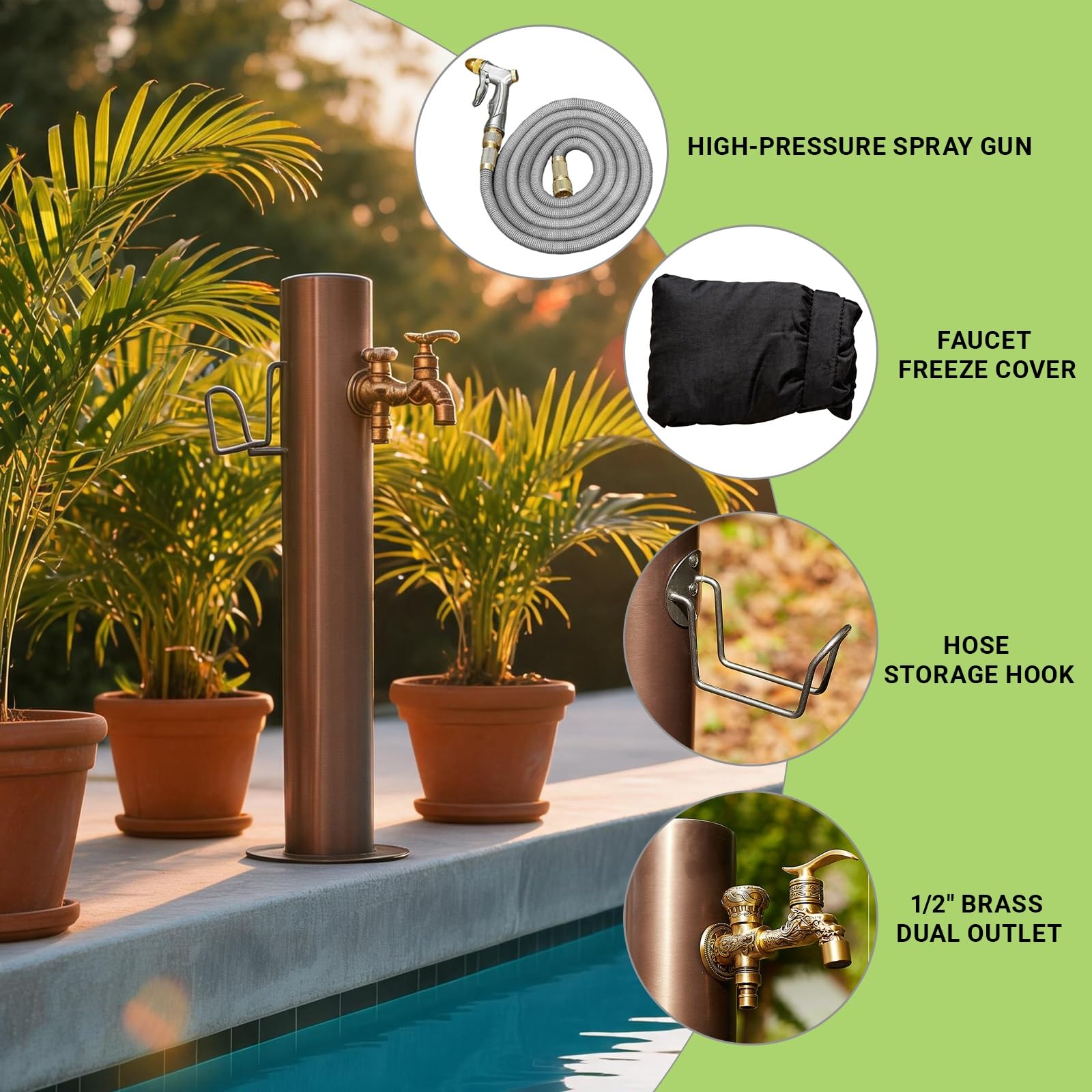 Genérico Columna de Agua para jardín con Grifo, hidrante Exterior de Acero Inoxidable 304, Grifo de Agua anticongelante montado en el Suelo, Doble Salida de latón con Gancho para Manguera p