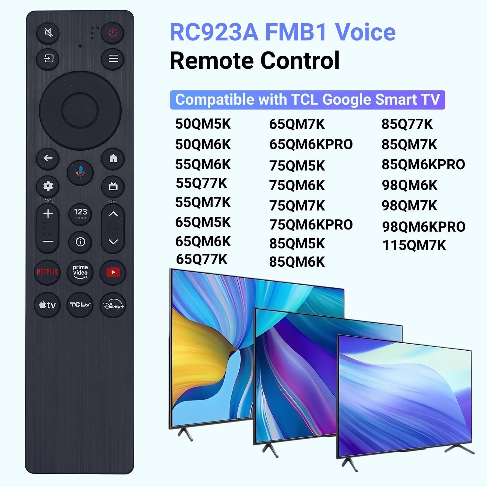 Telecomando di ricambio RC923A FMB1 per TCL QLED Mini LED 4K UHD Google Smart TV G0401-000267, compatibile con serie QM5K QM6K QM7K Q77K