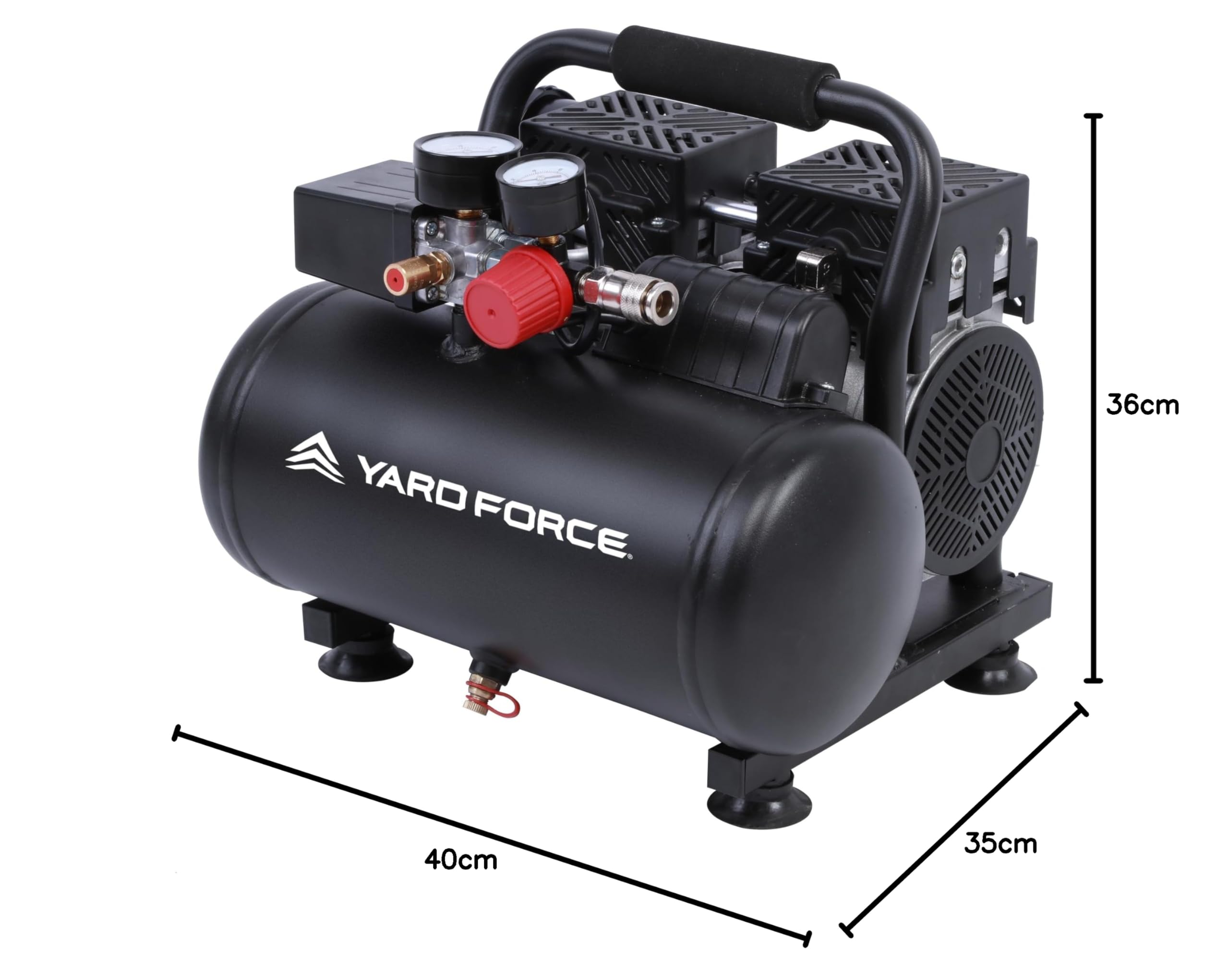 Yard Force EX ARC06 - Compresor silencioso (6 L, sin aceite y bajo mantenimiento, presión de funcionamiento de 8 bares, 67 dB silencioso, cilindro doble de 550 W (106 l/min), regulador de presión +
