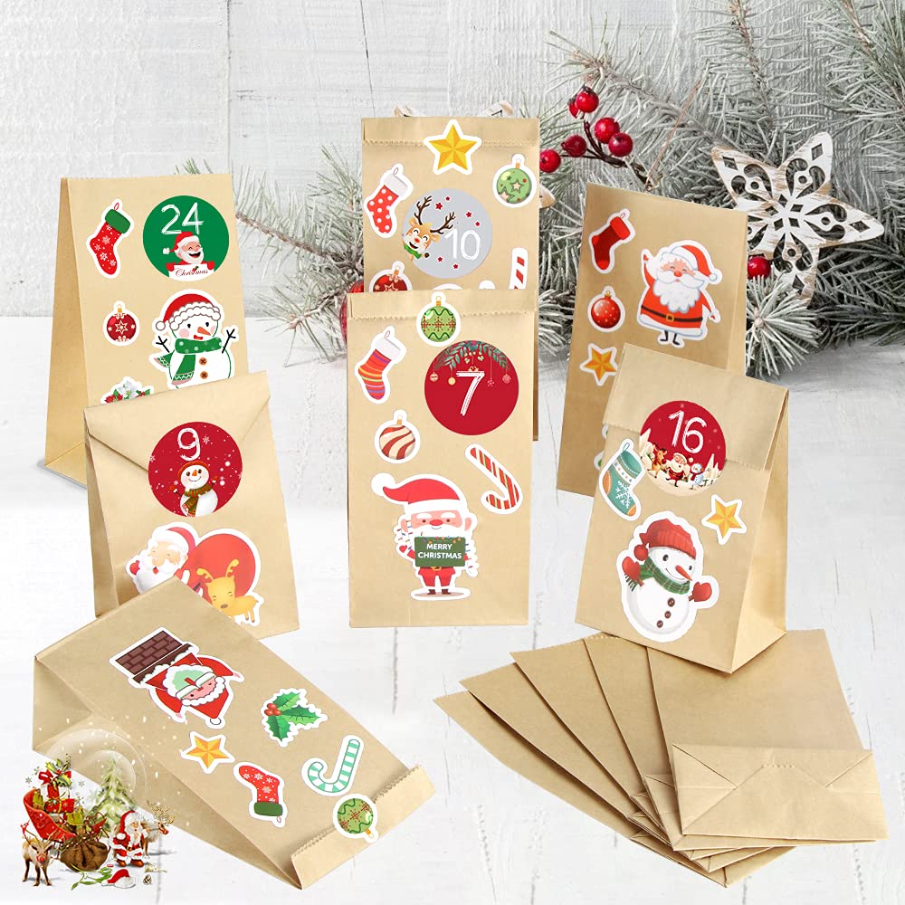 Sprinlot Calendario dell'Avvento, 25 Sacchetti di Carta Kraft con Adesivi Numerici, Calendario dell'Avvento Fai da Te, Avvento Calendario Avvento da Riempire, Calendario di Natale per Bambino