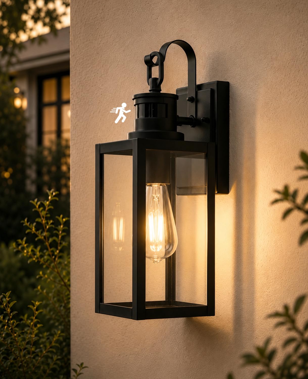 FTL Wandlampe Laterne Aussen mit Bewegungsmelder, 3 Beleuchtungsmodi Aussenlampe mit Bewegungsmelder, E27 Außenwandleuchten, Mattschwarz Ausenbeleutung Hauswand für Veranda, Eingang, IP44 Wasserdichte