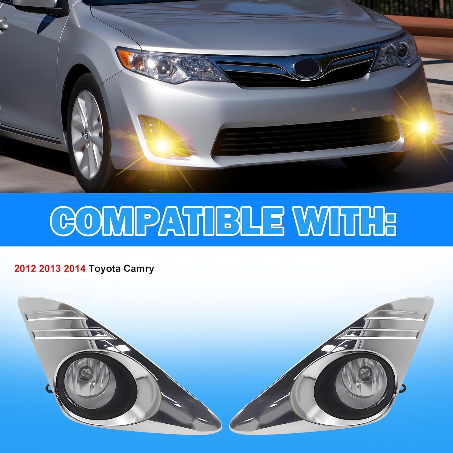Fog Lights Compatible with 2012 2013 2014 Toyota Camry Fog Lights Bumper Driving Fog Lamps Assemblies with Switch and Wiring Harness Chrome Bezels 1 Pair of Fog Lights