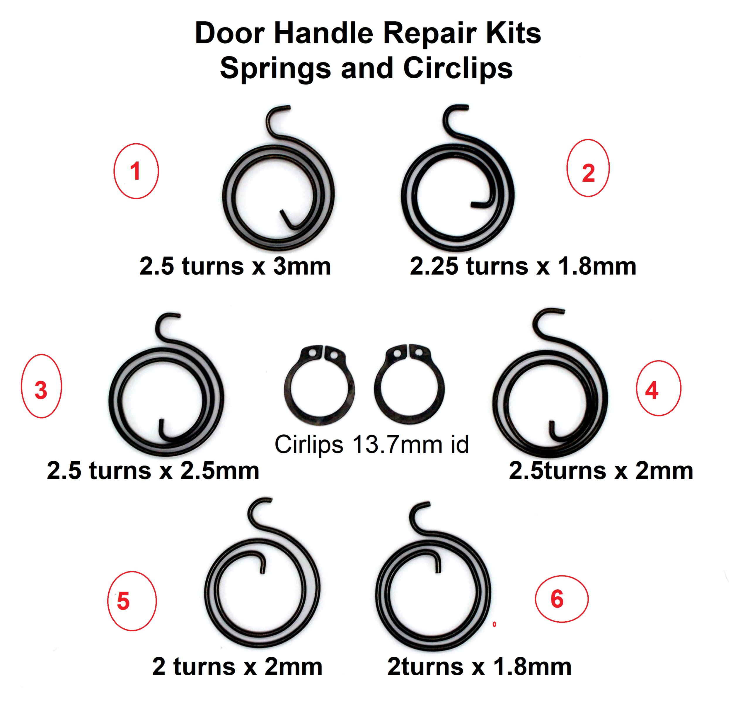 Door Handle Repair Kit 4 Springs 2.25 Turns x 1.8mm Thick and 4 Circlips of 13.7mm Inner Diameter Pack of 8 (4 Springs and 4 Circlips) (2.25 Turns x 1.8mm Kit) - Image 4