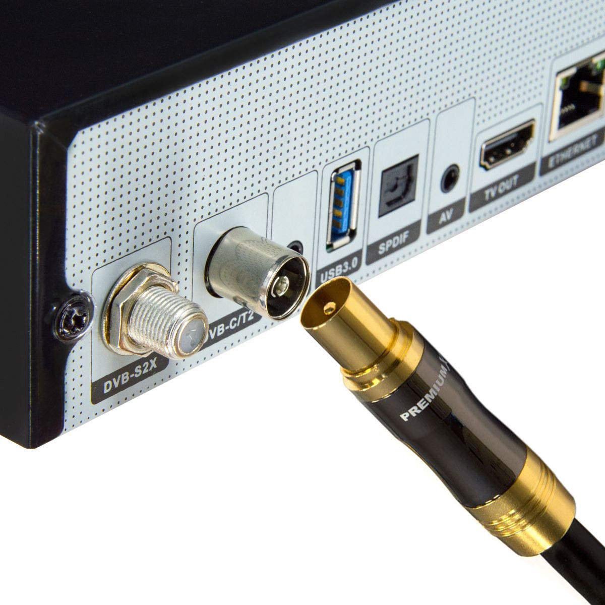 Premium X Cavo Antenna TV Gold-Line 1m Nero - Cavo Coassiale in Rame ad Alta Efficienza, da Connettore IEC a Presa, Ideale per HDTV 4K, Schermatura 135dB, Contatti Dorati