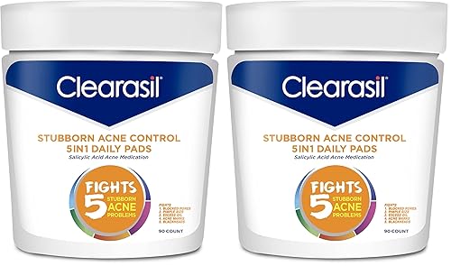 Clearasil Stubborn - Almohadillas de limpieza facial diaria 5 en 1, con ácido salicílico para el tratamiento del acné, 90 unidades (paquete de 2)
