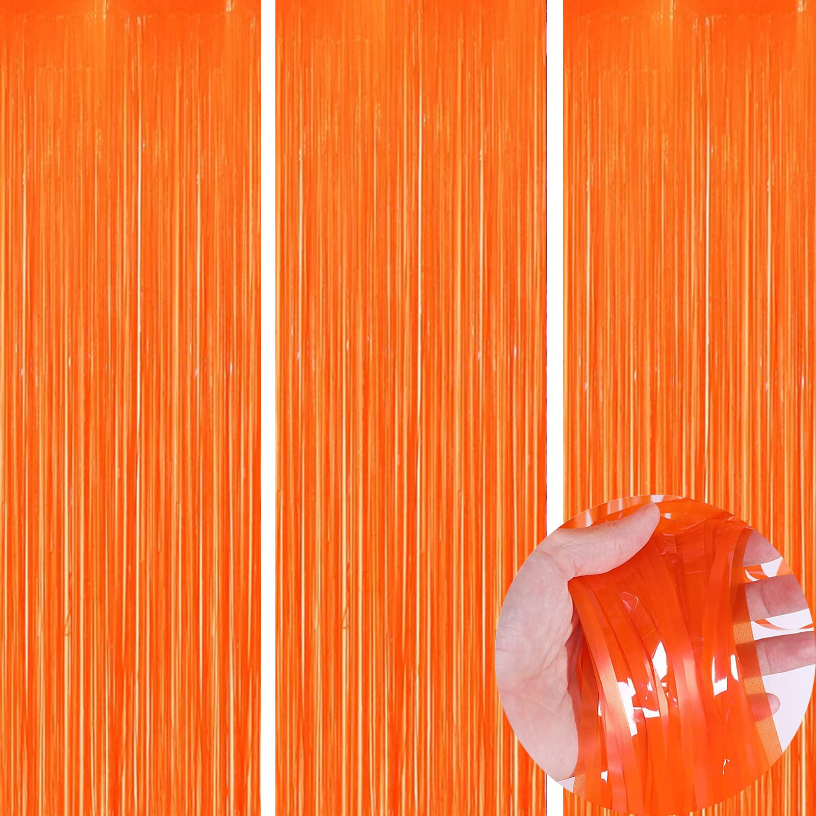 KIRIKOUPack of 3 Foil Fringe Curtains Backdrop Party Decoration, Metallic Tinsel Curtain Photo Backdrop for Birthday Party Bridal Baby Shower Halloween Decorations (Orange, 3.2ft x 6.5ft)