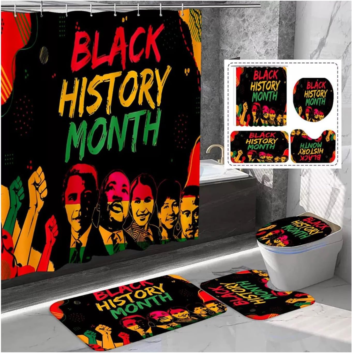 Atvscay Black History Month Shower Curtain Set, African American Emancipation, Bath Mat, U Shape Mat, Toilet Lid Cover, 12 Hooks (Black)