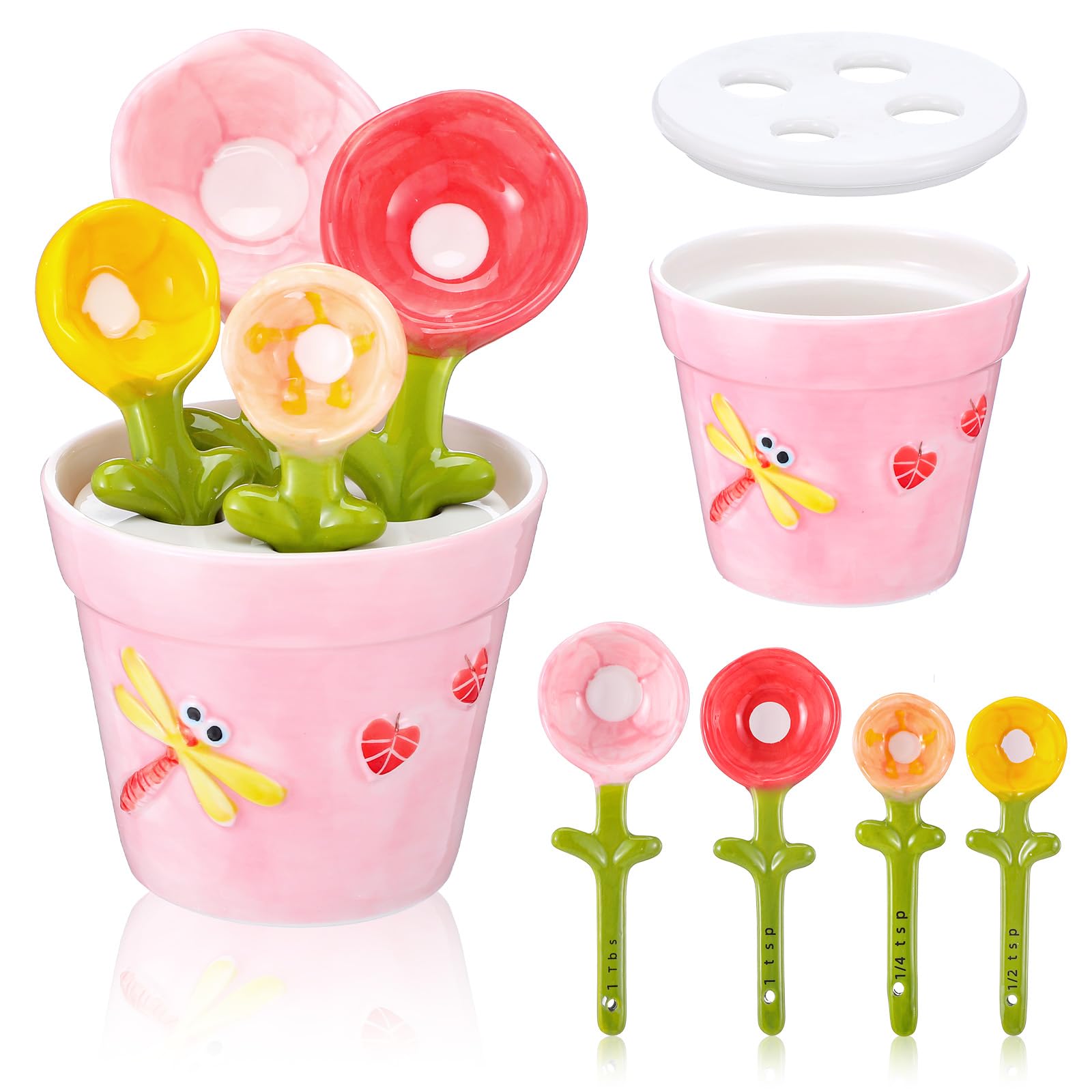 Photo 1 of Flower Measuring Spoons Set in Pot - Ceramic Baking Measuring Spoons with Holder for Dry & Wet Ingredients - Cute Flower Figurine - 1 Tbsp, 1 Tsp, 1/2 Tsp, 1/4 Tsp - Unique Gift, Dishwasher Safe(Pink?