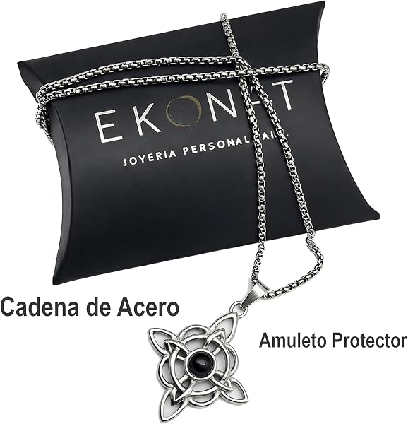Ekonat-Nudo de bruja con ágata negra- amuletos de la suerte y proteccion- colgantes nudo de bruja - amuleto protector- tamaño 30 mm cadena acero 55 cm - 5