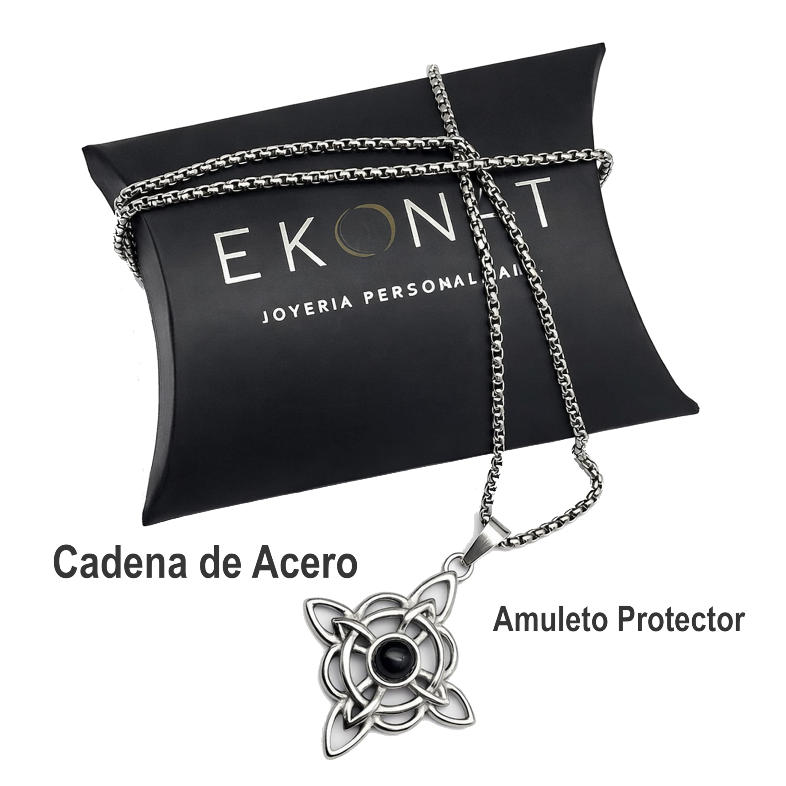 Ekonat-Nudo de bruja con ágata negra- amuletos de la suerte y proteccion- colgantes nudo de bruja - amuleto protector- tamaño 30 mm cadena acero 55 cm