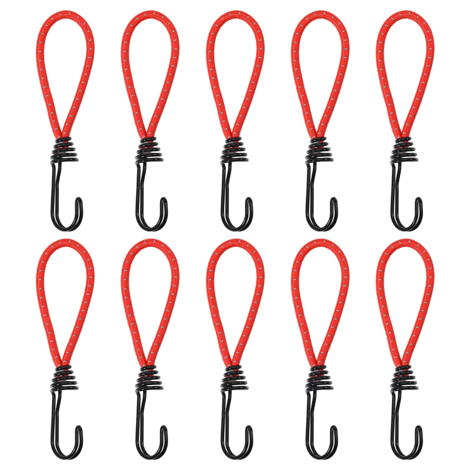 Lot de 10 crochets de corde élastique de 14,5 cm - Avec crochets - Très résistants - Pour l'extérieur, le camping, les bagages, les tentes, la randonnée - Rouge