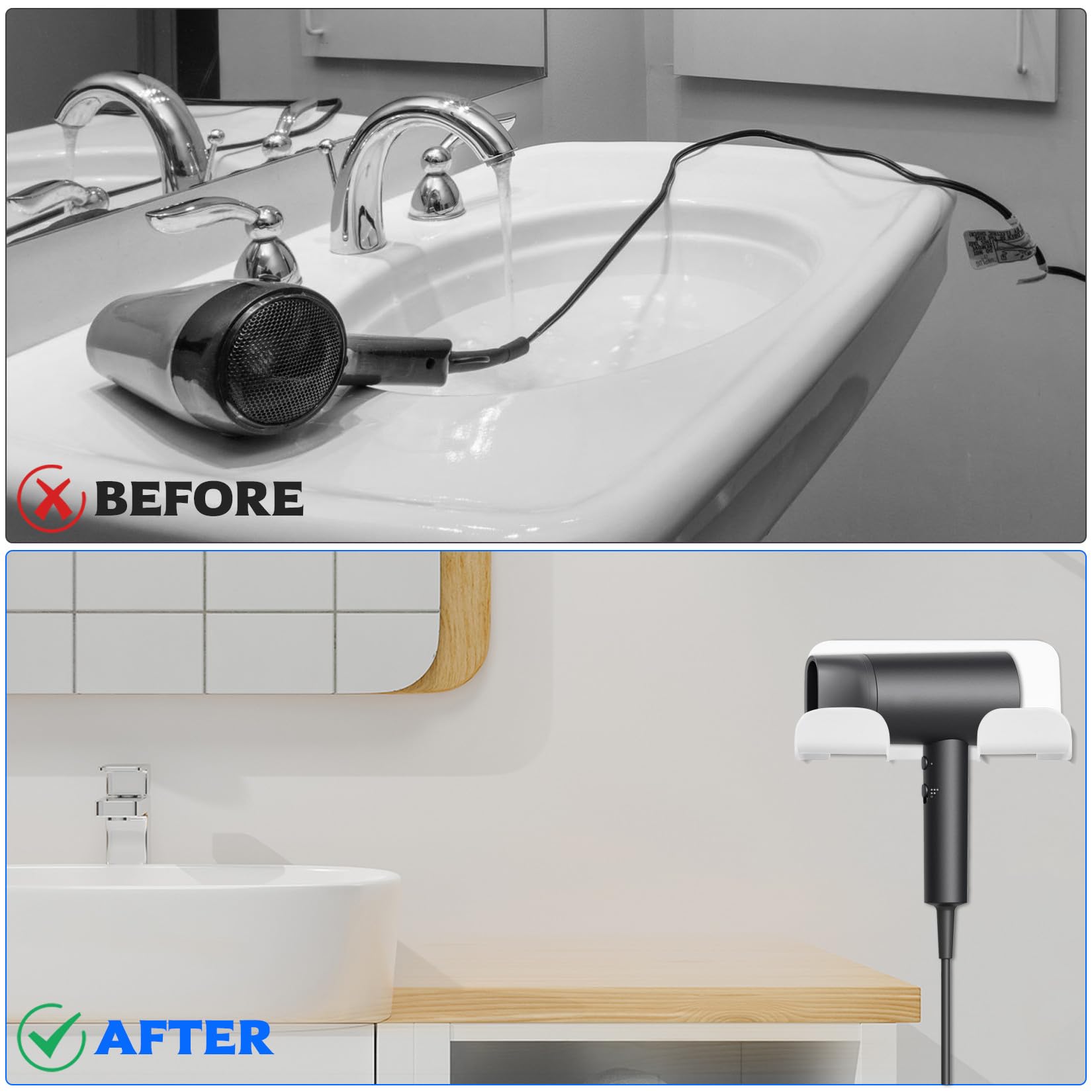 McBlast Soporte Secador Pelo Pared Autoadhesivo 4 Piezas, Colgador Sin Taladro Baño Blanco y Negro
