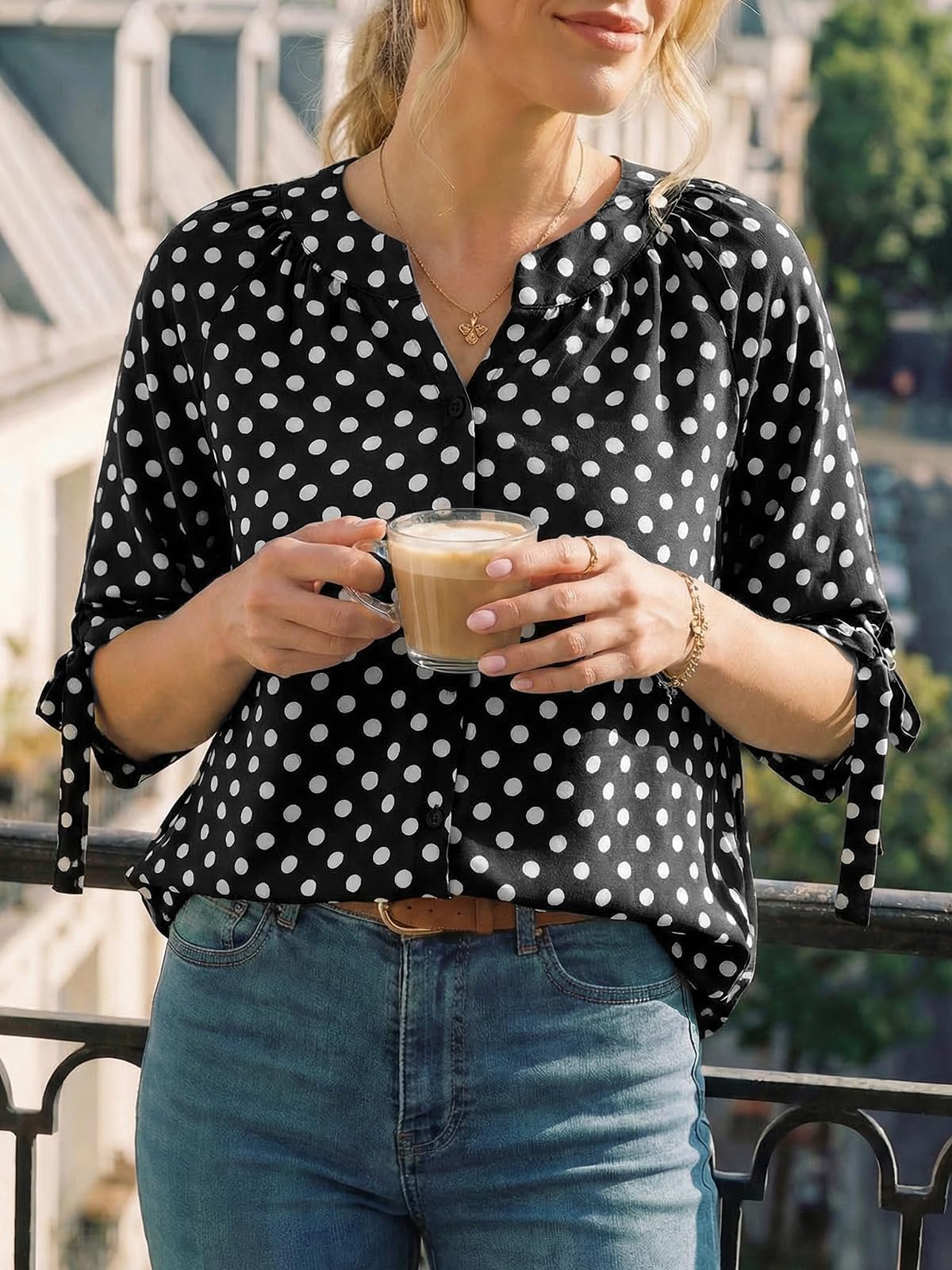 Cicy Bell Camicia da donna a pois con scollo a V