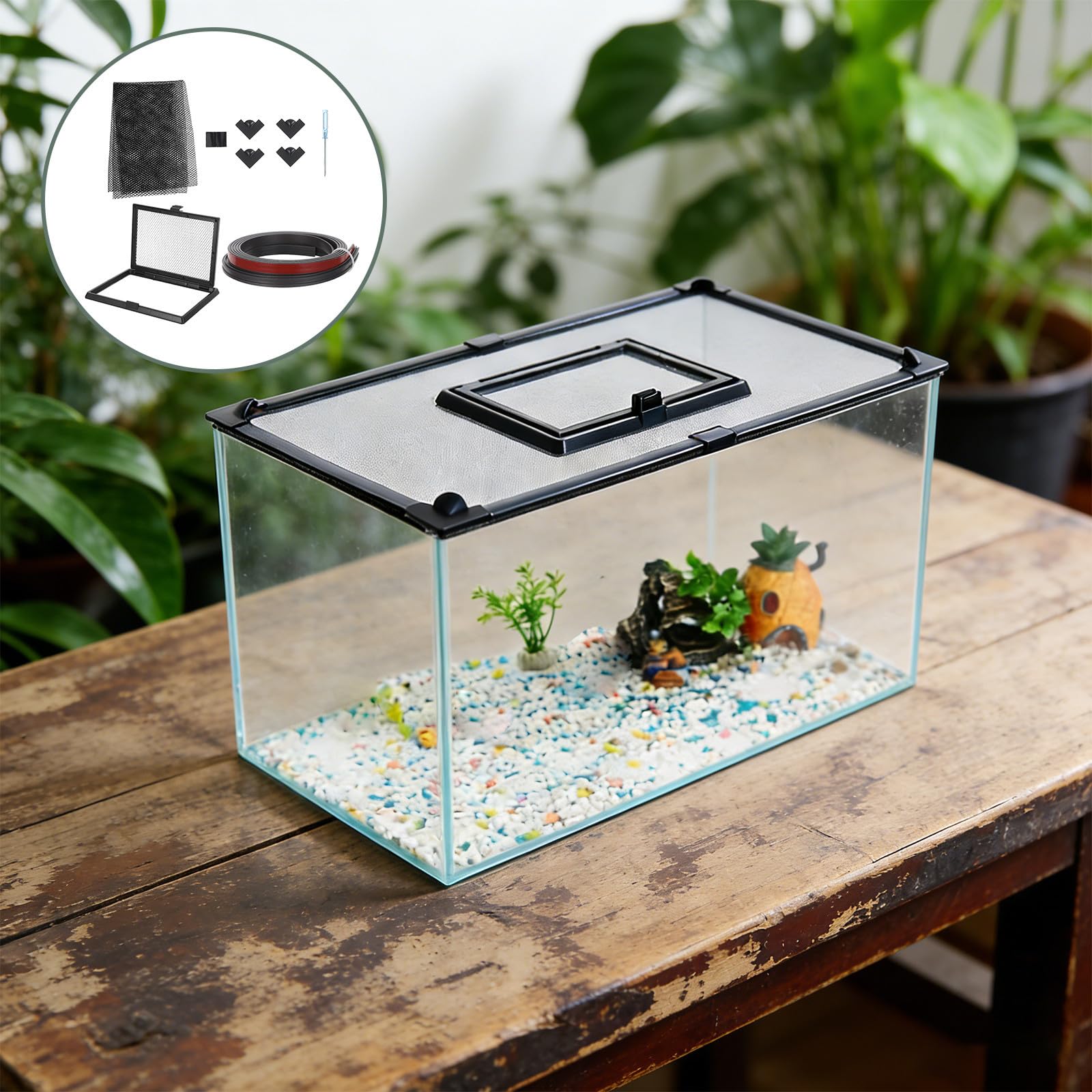 SHINEOFI Magnetische Aquarium Abdeckung und Einfach zu Reinigen aus PVC und Gummi mit Futteröffnung Schwarzes Anti Sprung Netz Staubdicht für Selbstgemacht Fisch und Reptilienschutz