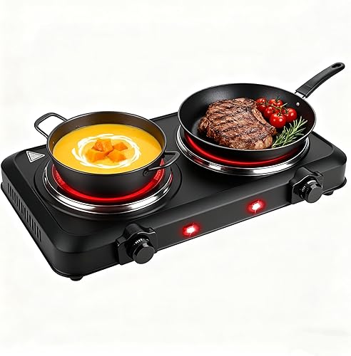 Miniatura 1 de Estufa eléctrica dual de 2000 W, quemador doble infrarrojo, placas calientes portátiles de vidrio doble encimera encimera encimera estufa