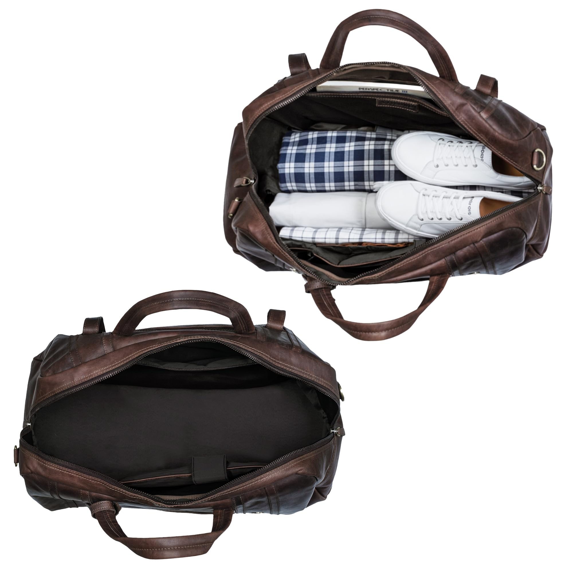 STILORD Vega Vintage Bolsa Viaje Piel Marrón Pequeño Bolso de Viaje Cuero Genuino Bolsa Fin de Semana Mujer Hombre Deporte Duffle Bag con Asa y Bandolera 34 L, 50x23x30