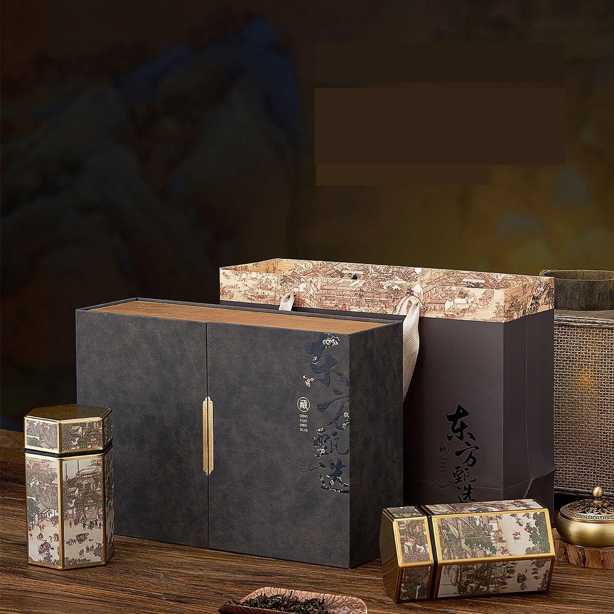 HLTYGWX Teedose, kreativer Vorratsbehälter für große Teemengen, Glas, Küche, versiegeltes Glas, Bonbonglas, Retro-chinesisches Tee-Set, Doppelglas, Geschenkbox-Set, Teedose (A)