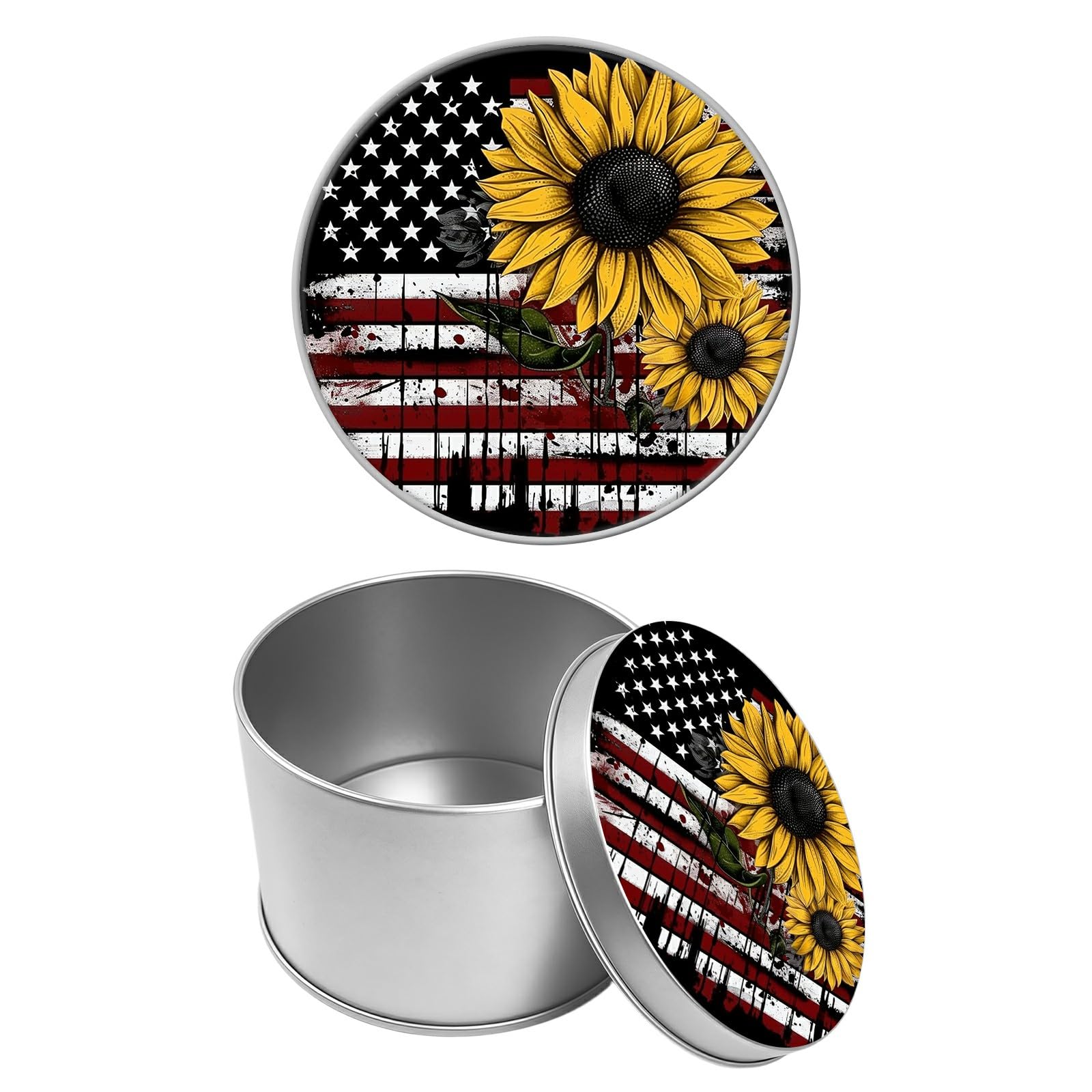 Round Metal Tin Container with Removable Lid, Sunflowers Flag Durable Metal Storage Box for Cookies Spices Tea Candies Cakes Jewelry Cosmetics 3.54 x 2.36 inch– Single Pack