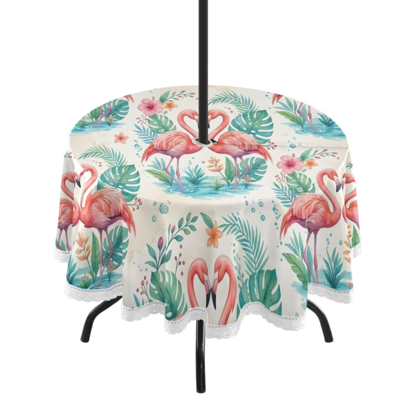 Ttgoth Flamingo Outdoor Table Cloth 152 cm Water Stain & Resistan Tablecloth Wipeable Table Cover with Parasol Hole & Zipper for Garden Patio Party Picnic