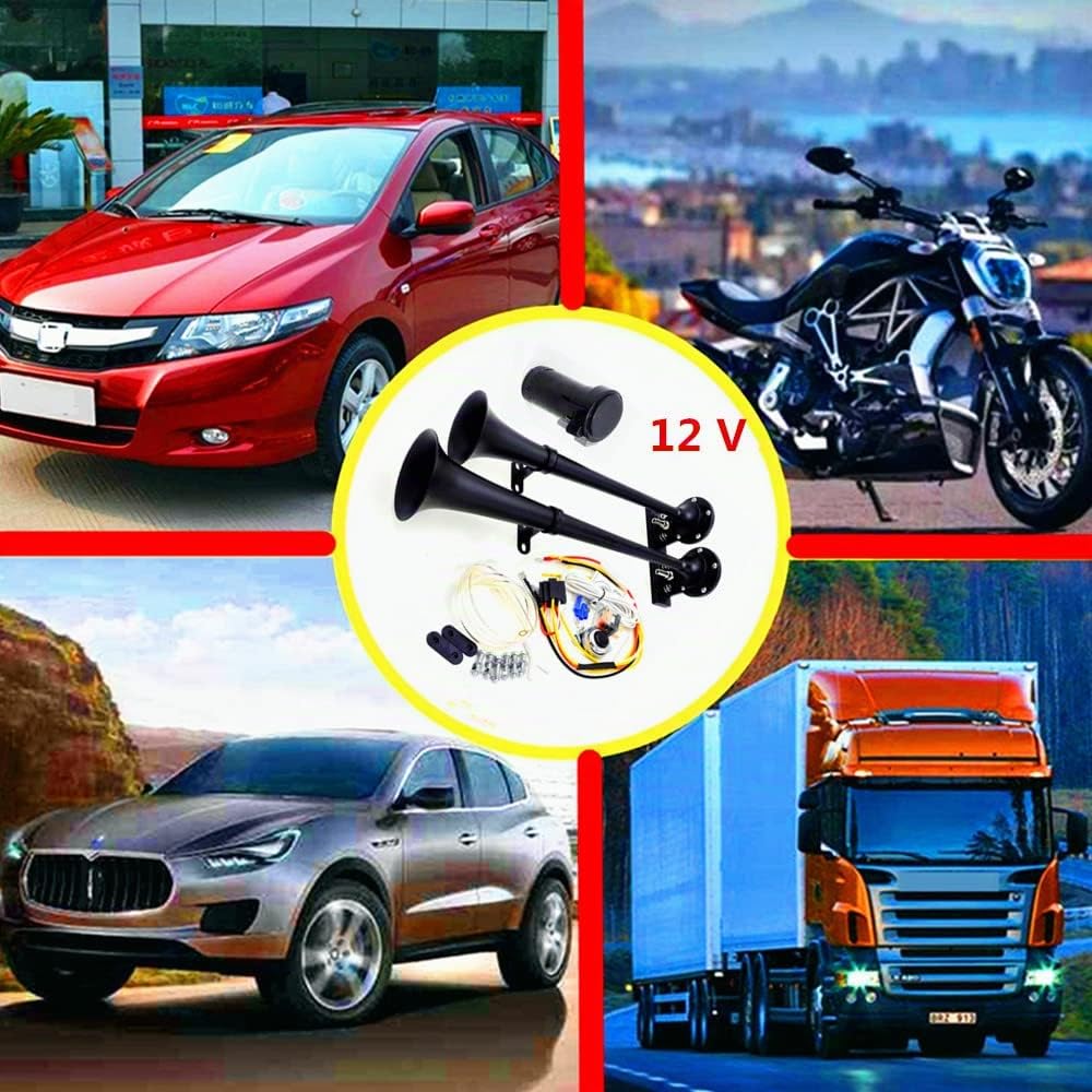 clacson per auto 160db clacson per camion 12V nero zinco cromato doppio tubo tromba clacson elettrico clacson di allarme con pompa d'aria compressore Car Horn per 12V auto barca SUV moto ecc